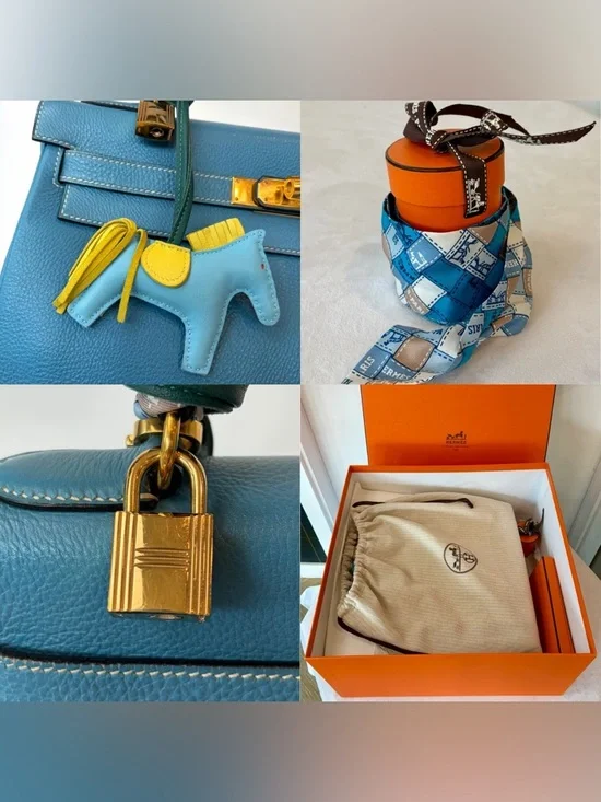Hermes Kelly32 Retourne,Togo, BleuJean/Gold, box/duster/twilly, PRICE FIRM - Picture 11 of 17